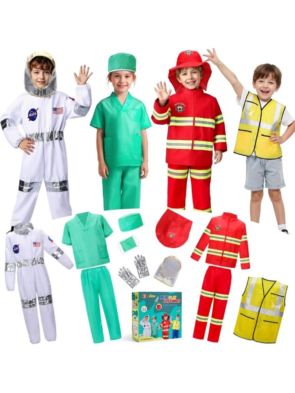 4-in-1 Kids Dress Up Costumes for Role Play & Halloween, Ages 3-8 Years